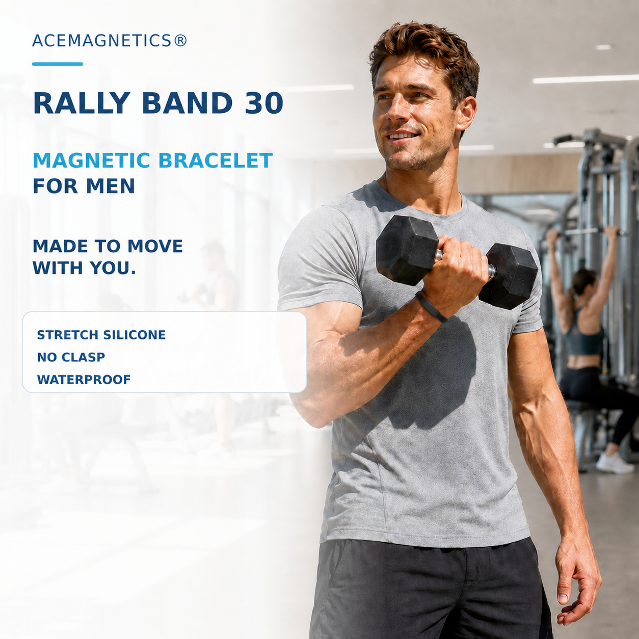 Athletic man wearing a Rally Band 30 on his dumbbell-lifting wrist during a gym workout